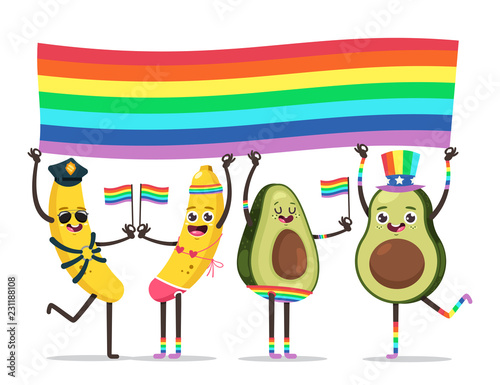 LGBT pride concept illustration. Funny fruits with rainbow flag on gay parade. Vector cartoon cute character isolated on white background.