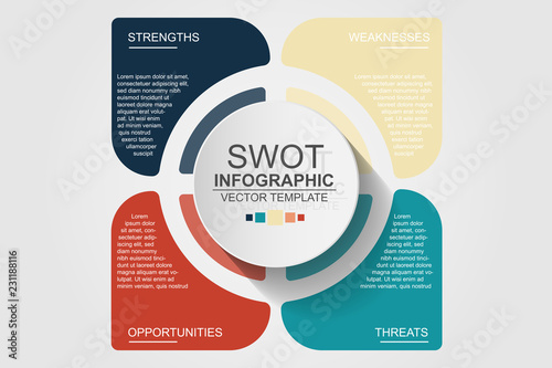 Four intersected translucent round elements with linear icons inside and place for text. Concept of SWOT analysis of enterprise. Simple infographic design template. Vector illustration for brochure.