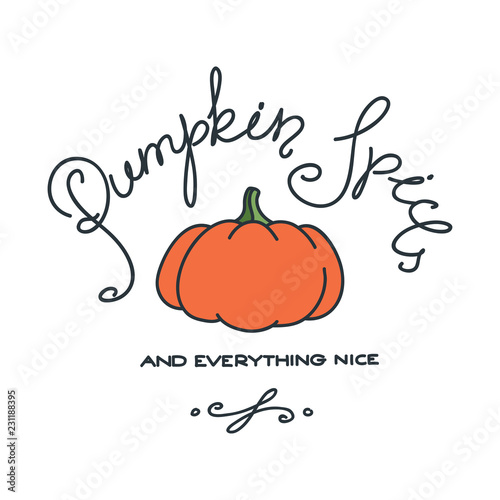 Pumpkin spice and everything nice. Hand writing lettering with pumpkin illustration. Can be used for menu, logo or flyer. Vector 8 EPS.