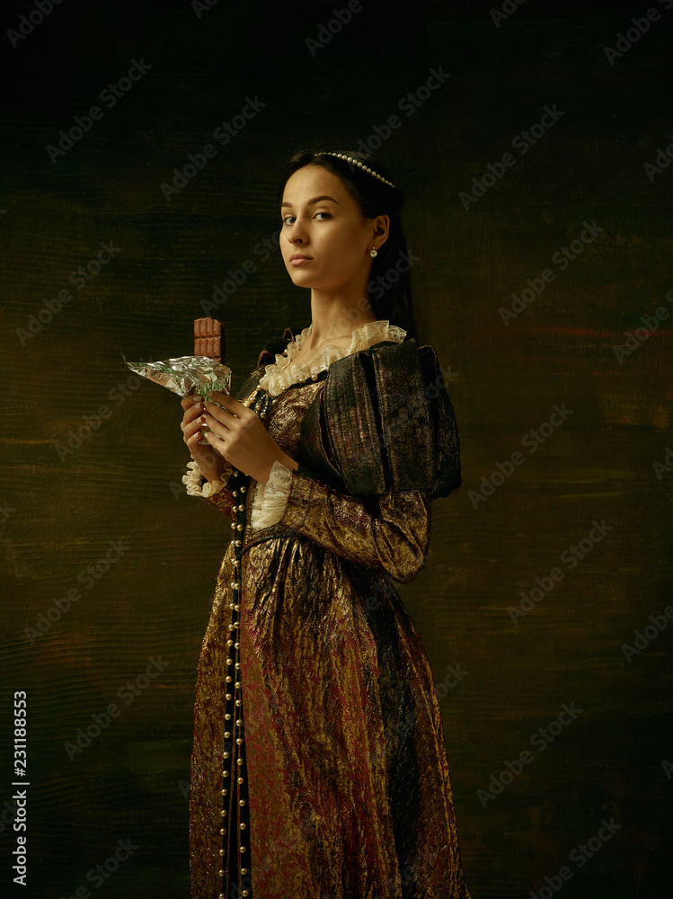 Obraz premium Girl in medieval beautiful dress or costume of the countess at dark studio.