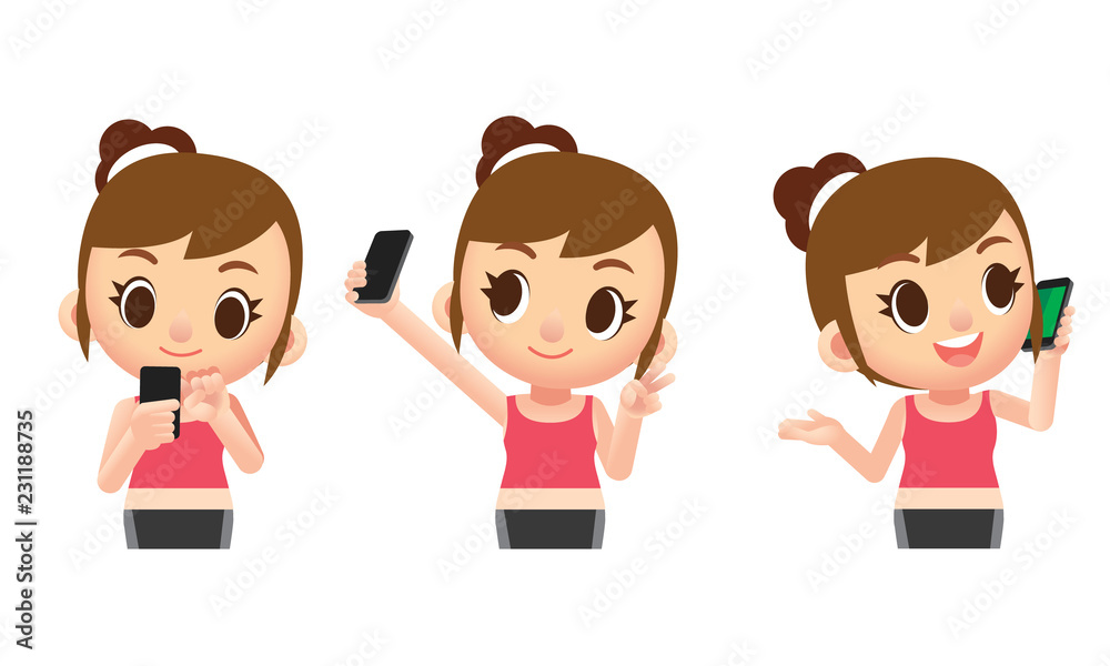 Vector set of cute female characters using mobile phone, smartphone Vector set of cute female characters using mobile phone, smartphone