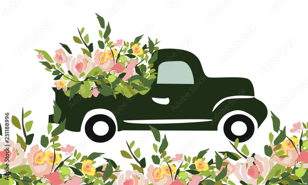 Vintage car with flowers. Engraving style. Vector illustration. Wedding car