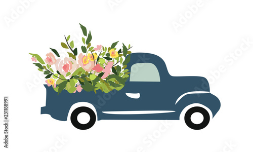 Vintage car with flowers. Engraving style. Vector illustration. Wedding car