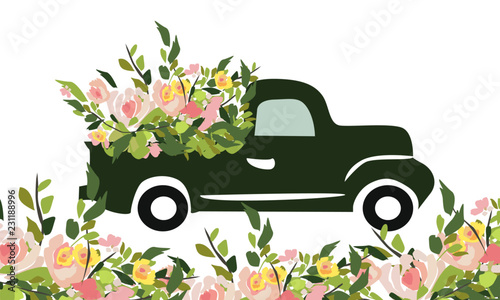 Vintage car with flowers. Engraving style. Vector illustration. Wedding car