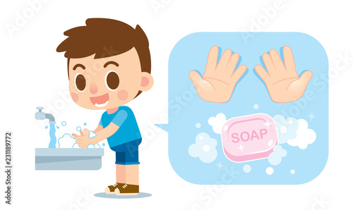 Vector cute boy washing hands with soap and hands icon