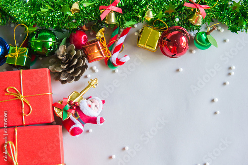 Christmas symbols colorful with red box gift on paper texture and Happy New Year 2019 holiday. Copy space for your text