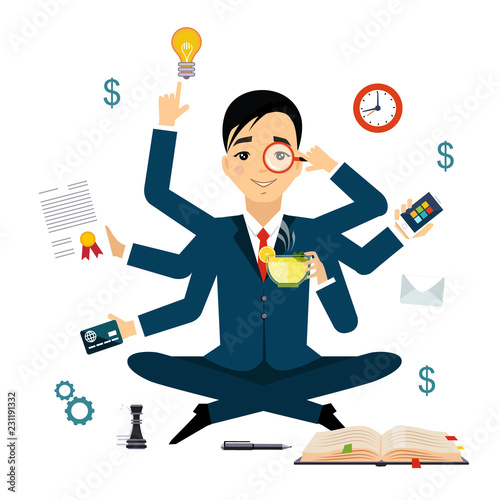Businessman with multitasking and multi skill. Keep calm. Business concept. Flat style