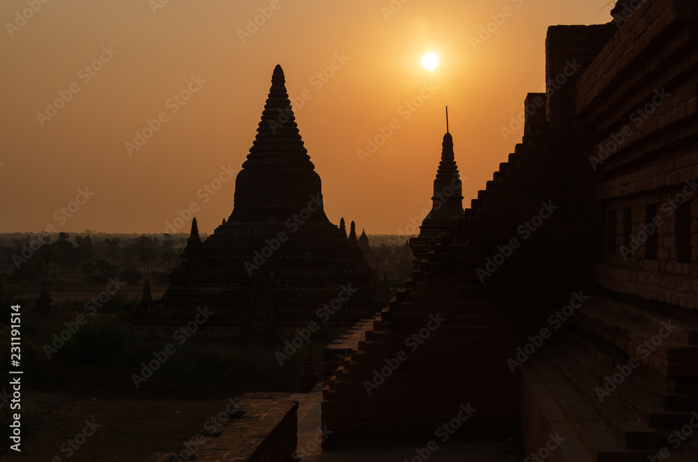 Peaceful sunrise over ancient stupas in Bagan, Myanmar