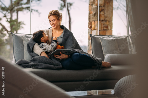 Woman spending free time with her son