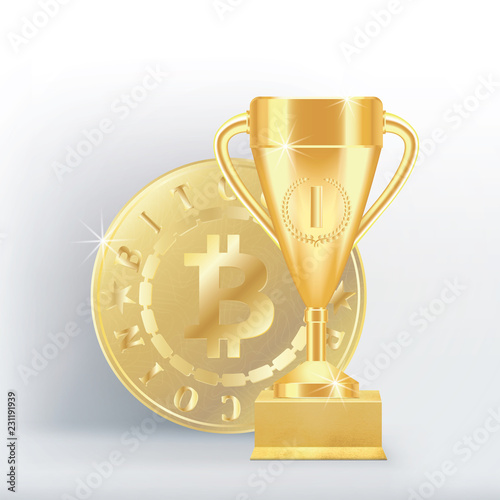 Golden realistic Trophy cup or goblet on textured gilded stand and money coin bitcoin on white background. Vector illustration