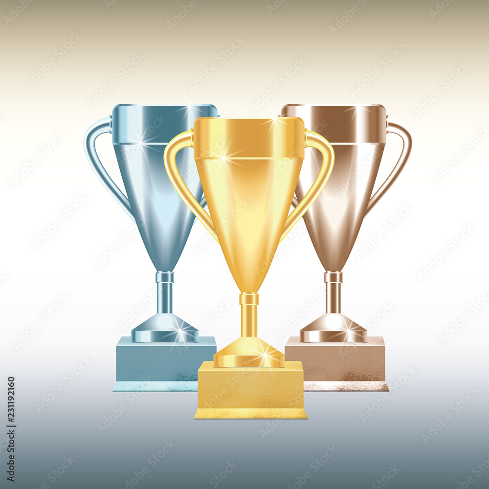 Set of golden, bronze and silver Trophy cups or goblets isolated on white background with gradients. Realistic Vector illustration Set of golden, bronze and silver Trophy cups or goblets isolated on white background with gradients. Realistic Vector illustration