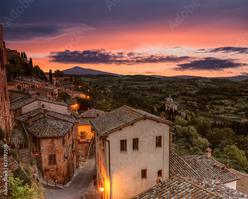 The town of Montepulciano and the surrounding area in the evening at sunset  Tuscany  Italy