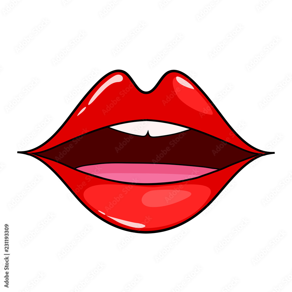 Female lips. Mouth with a kiss, smile, tongue, teeth. Vector comic illustration in pop art retro style isolated on white background. Female lips. Mouth with a kiss, smile, tongue, teeth. Vector comic illustration in pop art retro style isolated on white background.