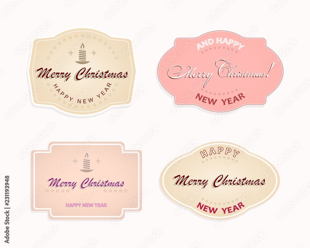 Christmas oval emblem, label of pink and beige pastel colors with the text of merry Christmas, Christmas oval emblem, label of pink and beige pastel colors with the text of merry Christmas,