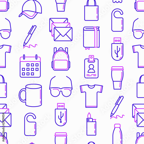 Promotional products seamless pattern with thin line icons: notebook, tote bag, sunglasses, t-shirt, water bottle, pen, backpack, cup, hat, travel mug, usb, lighter, calendar. Vector illustration.