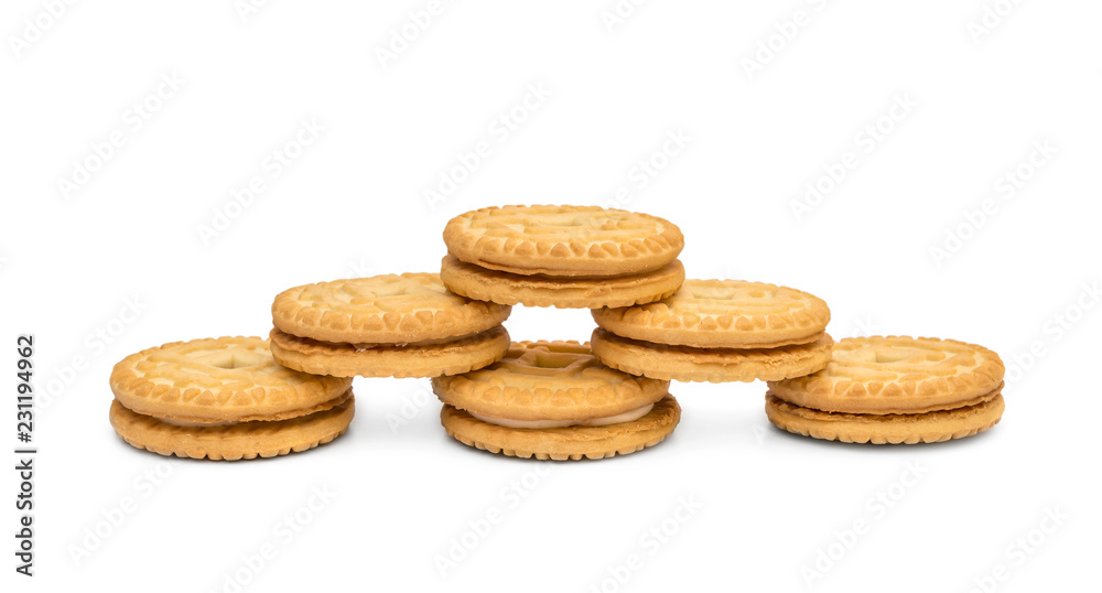 Pyramid from sandwich cookies on white. Pyramid from sandwich cookies on white.