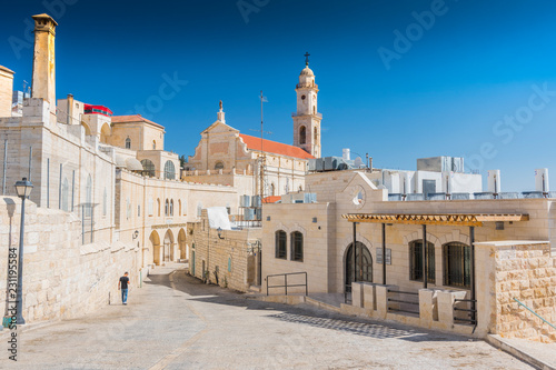Fotografie View on the old street and Greek Byzantine Catholic Church in Bethlehem