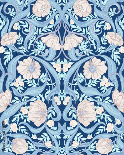  Seamless pattern, background with Floral pattern in art nouveau style,