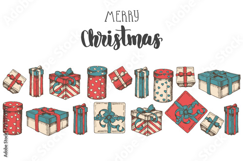 Vector greeting background with Hand drawn Set of gifts  packages and hand made quote  Merry Christmas . Lettering. Sketch. Merry Christmas and happy New Year.