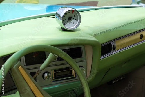Salon old retro car. Close-up. Cars. Details.