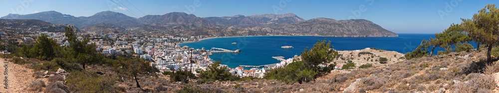 View of Pigadia from the trail from Amopi on Karpathos in Greece