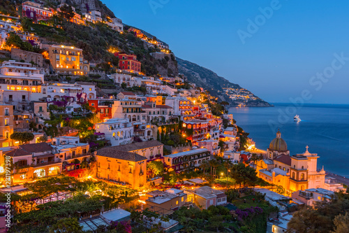 Fototapeta Naklejka Na Ścianę i Meble -  Night view of Positano village at Amalfi Coast, Italy.