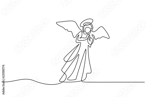 Fototapeta Ciągłe rysowanie jednej linii. Biblia Wesołych świąt anioł kobieta. Ilustracji wektorowych