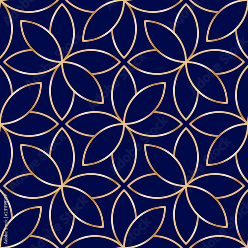 Seamless linear golden flower pattern on blue background