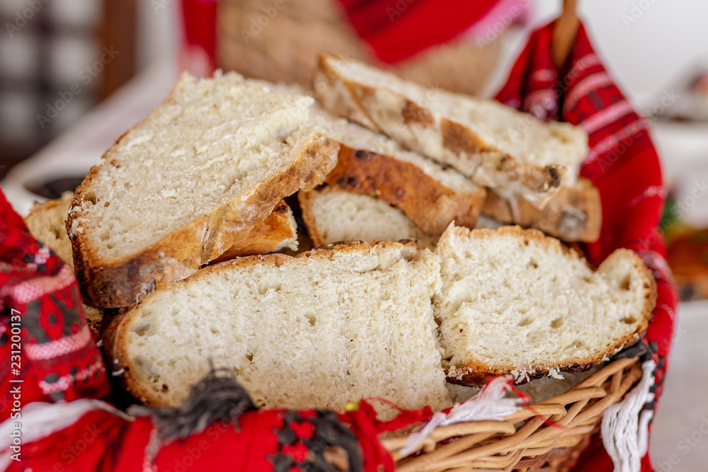 Traditional Romanian fresh baked bread in basket