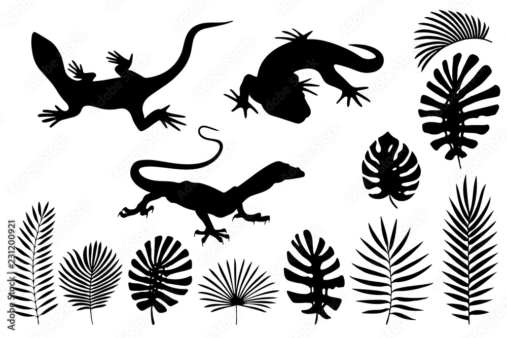 Obraz premium Silhouettes of lizards, gecko and tropical leaves
