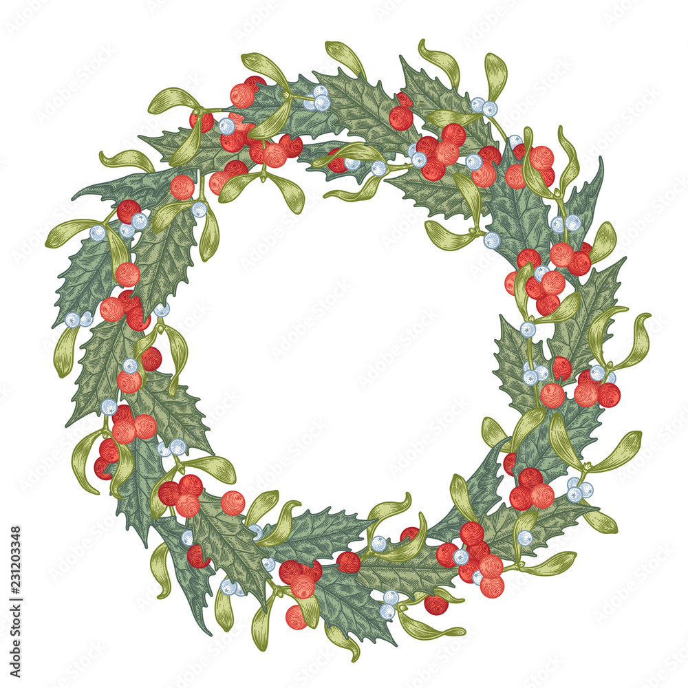 Christmas engraving background with holly berry and mistletoe wreath. Christmas engraving background with holly berry and mistletoe wreath.