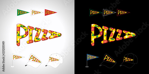 Pizza logotype concept. Black and white background, creative inscription. Decorative special typescript. Business bright advertising idea. Isolated abstract graphic design template. Pizzeria arrow.