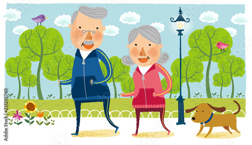 Elderly couple doing jogging with pet dog