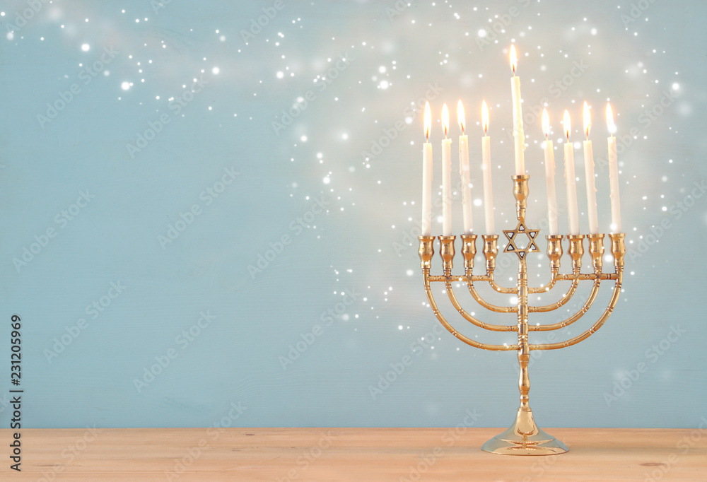Alegre hipocresía Ambiente image of jewish holiday Hanukkah background with menorah (traditional  candelabra) and candles. foto de Stock | Adobe Stock