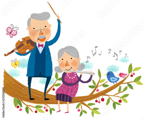 Elderly couple playing musical instruments