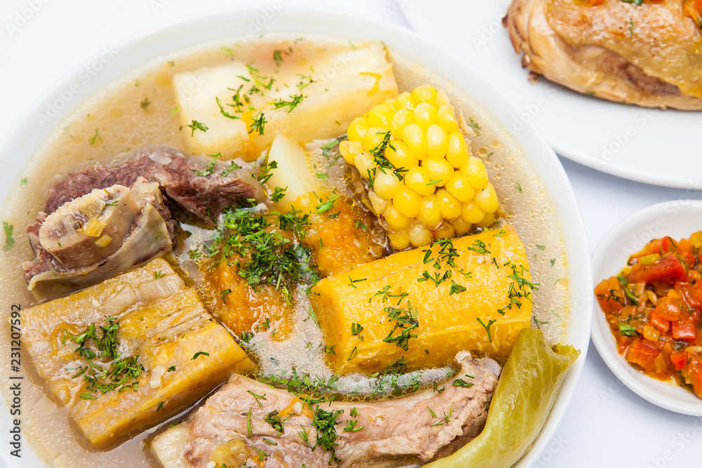 Traditional Colombian soup from the region of Santander called puchero Traditional Colombian soup from the region of Santander called puchero