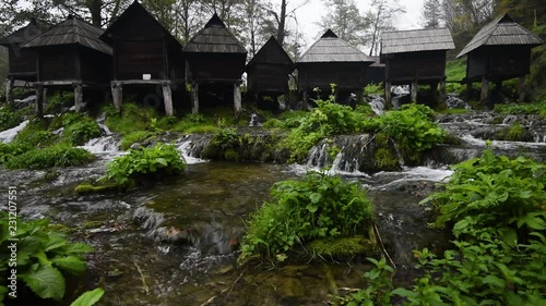Old wooden waterills of Jajce on river, Bosnia and Herzegovina