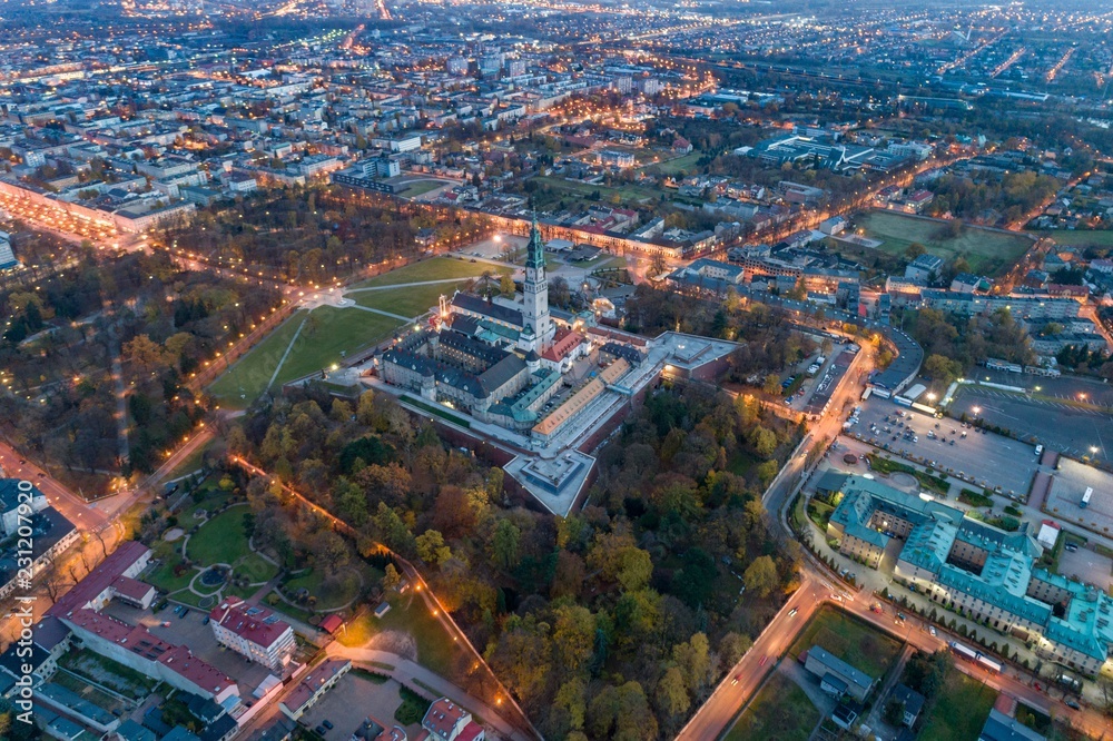 Night aerial drone view on Czestochowa and Jasna Gora monastery