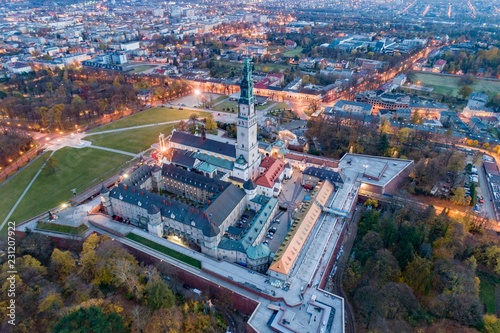 Night aerial drone view on Czestochowa and Jasna Gora monastery photo