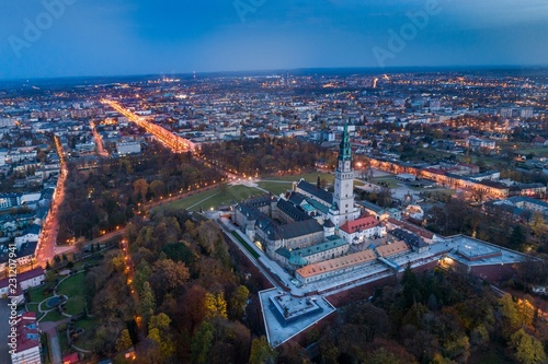 Night aerial drone view on Czestochowa and Jasna Gora monastery