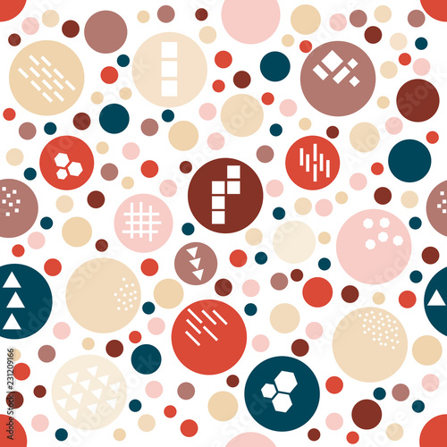 Textured circle festive colorful seamless pattern. Geometric dotted wallpaper. Random polka dot background. Pink, blue, yellow, brown circles on white. Spotted seamless pattern. Vector illustration.