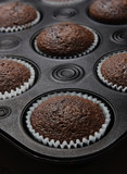 Closeup  of a muffin pan with chocolate cup cakes
