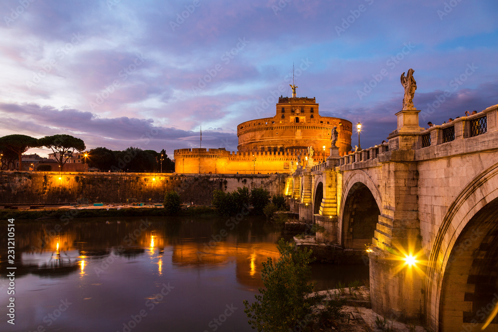View of the Castel Sant'angelo or Mausoleum of Hadrian at sunset, Italy