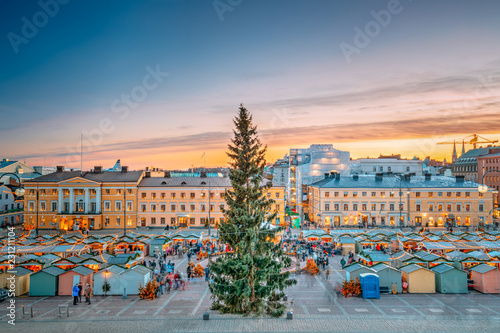 Helsinki, Finland. Christmas Xmas Market With Christmas Tree On 