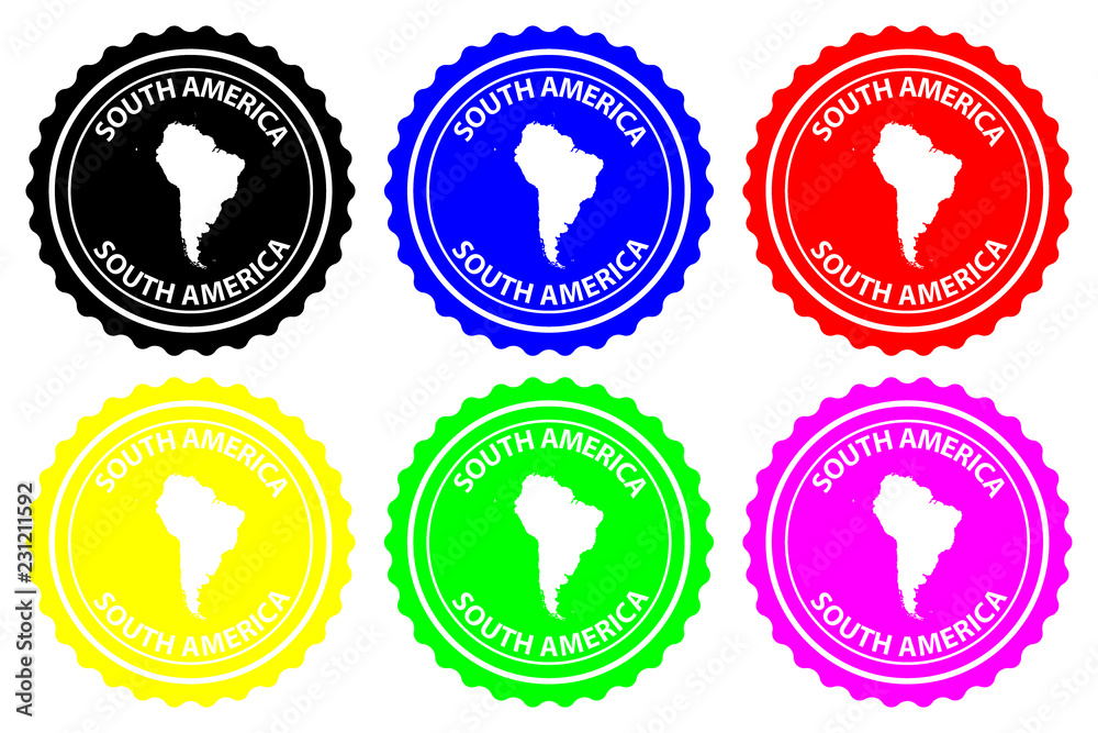 South America - rubber stamp - vector, South America continent map pattern - sticker - black, blue, green, yellow, purple and red