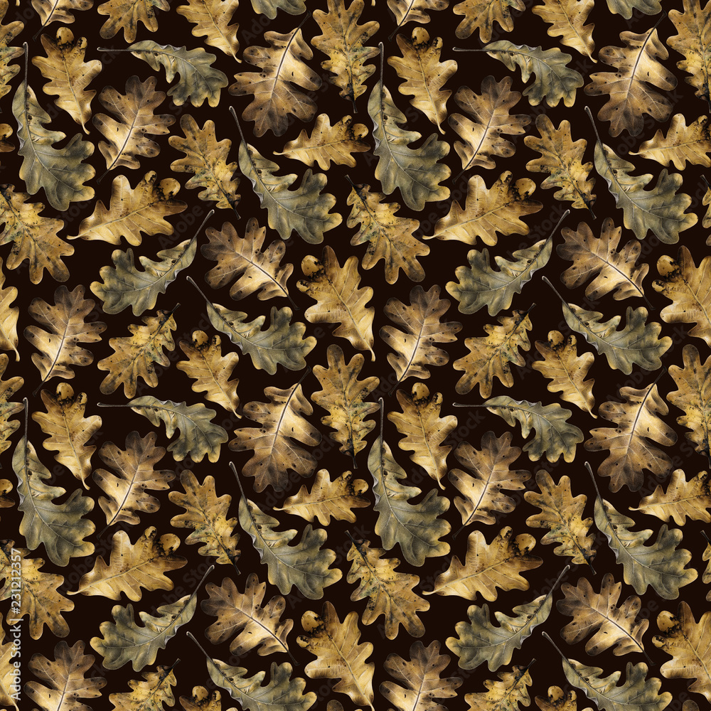 Seamless pattern with autumn golden leaves of oak. Hand drawn illustration with colored pencils. Botanical natural design for textiles, interior or some background. Seamless pattern with autumn golden leaves of oak. Hand drawn illustration with colored pencils. Botanical natural design for textiles, interior or some background.