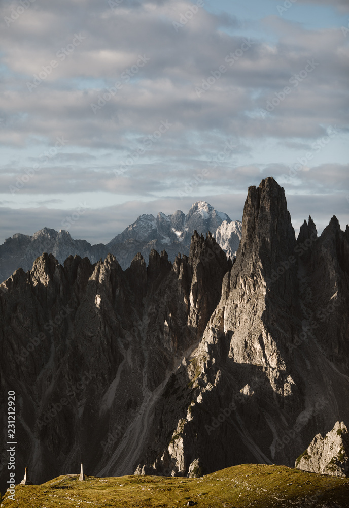 jagged dolomite mountain range in italy at tre cime