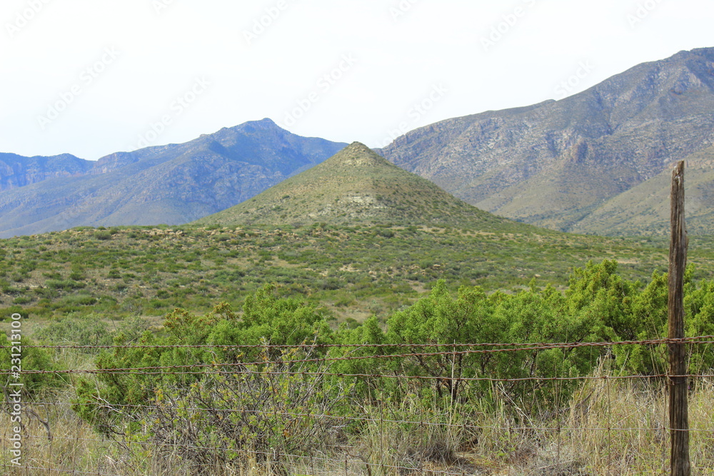 Small pointed mountain in the desert , Green sage brush and mountains in the back ground. Guadalupe mountains in Texas.