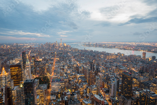 Twilight of Manhattan  New York. Aerial view with dramatic sky