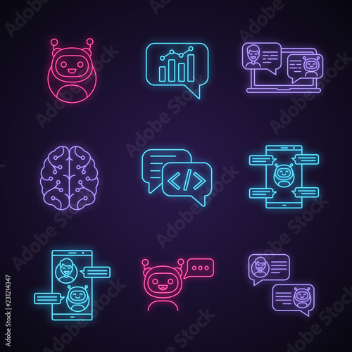 Chatbots neon light icons set